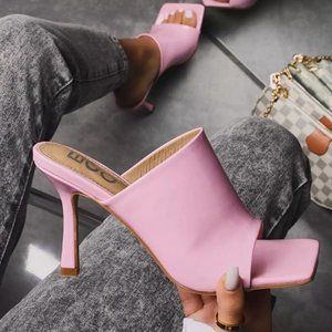 Edan Square Peep Toe Heel Mule In Pink Patent